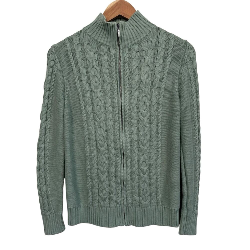 L.L. Bean 100% Cotton Olive Green Double Cable Knit Cardigan Sweater Size M